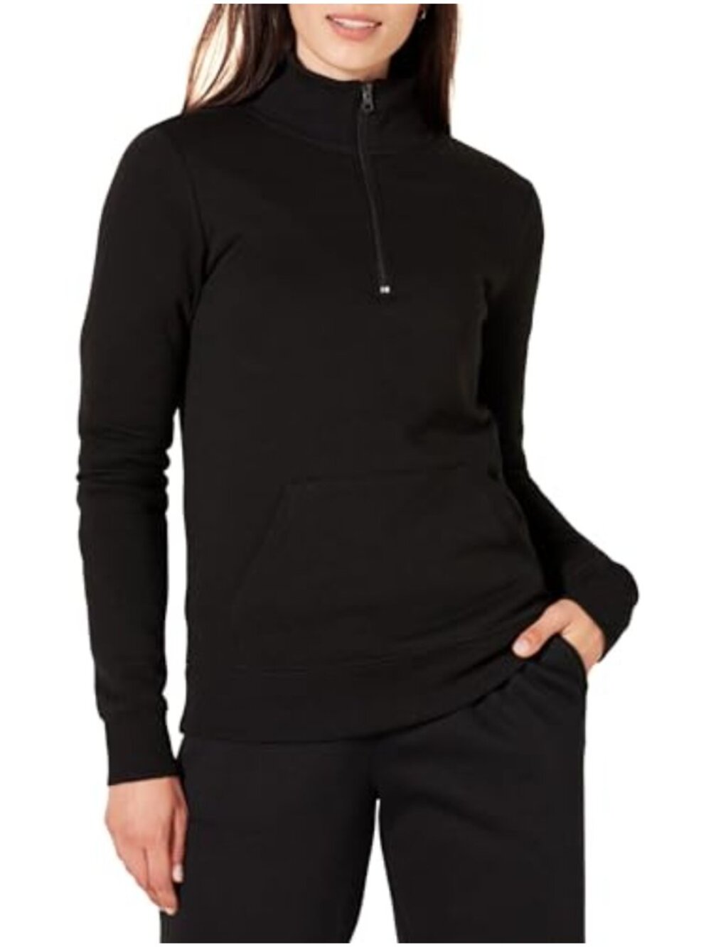 Women's Quarter-Zip Fleece Pullover Sweatshirt Mock Neck Kangaroo Pocket